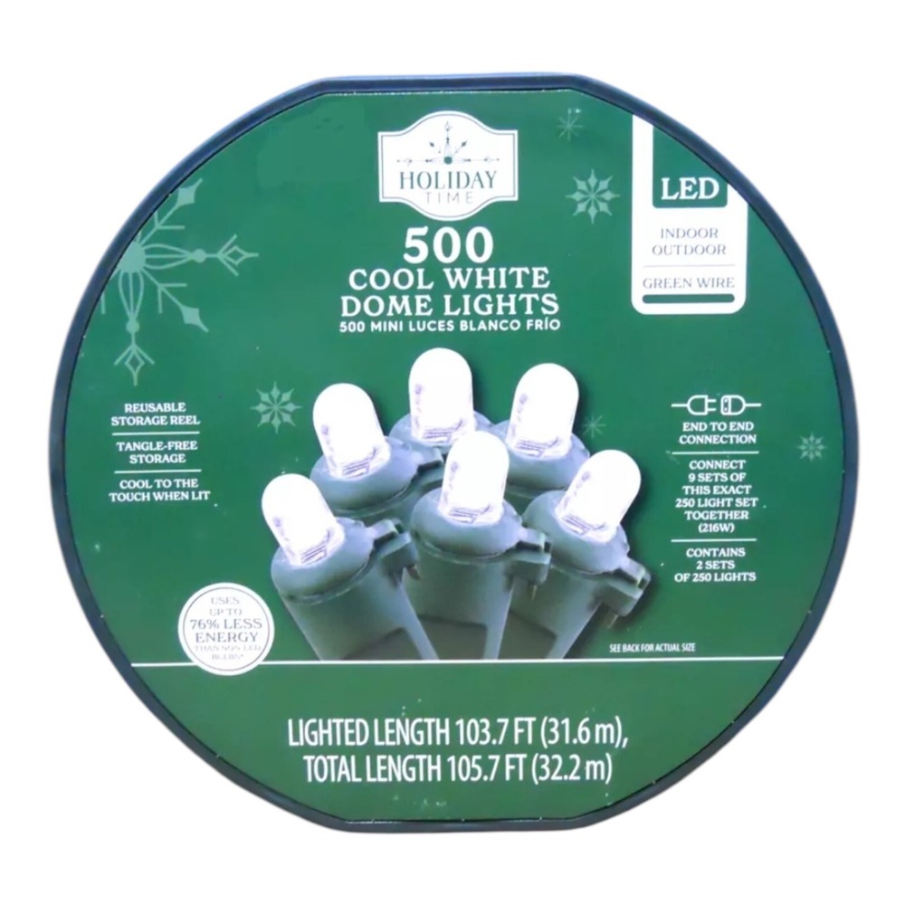 Holiday Time 500-Count Cool White LED Dome Christmas String‎ Lights Green Cord